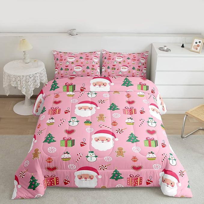 Feelyou Santa Claus Kids Comforter Set Twin Size Christmas Decor Bedding Set New Year Gift Duvet Quilt for Kids Boys Girls Bedroom Merry Christmas Decor Microfiber Ultra Soft Breathable