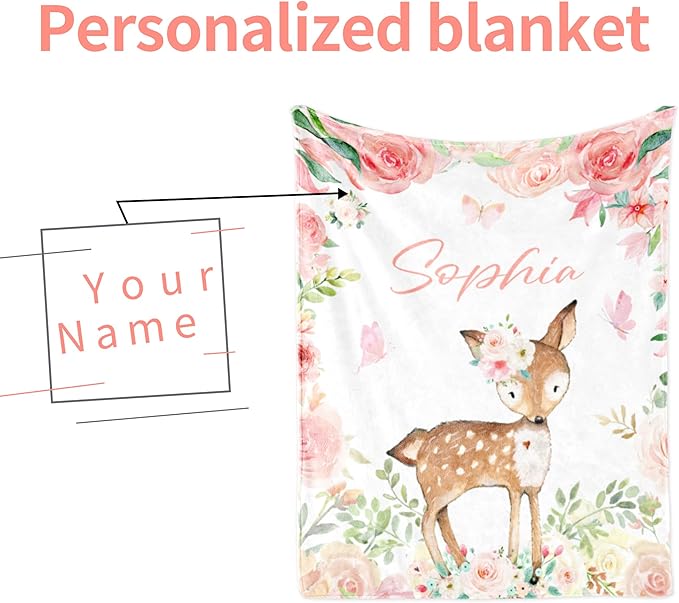 Personalized Deer Baby Blanket for Girl, Custom Name Blanket for Newborn Girl, Soft Flannel Toddler Blanket Customized Gift for Birthday Christmas Baby Shower 30" X 40"