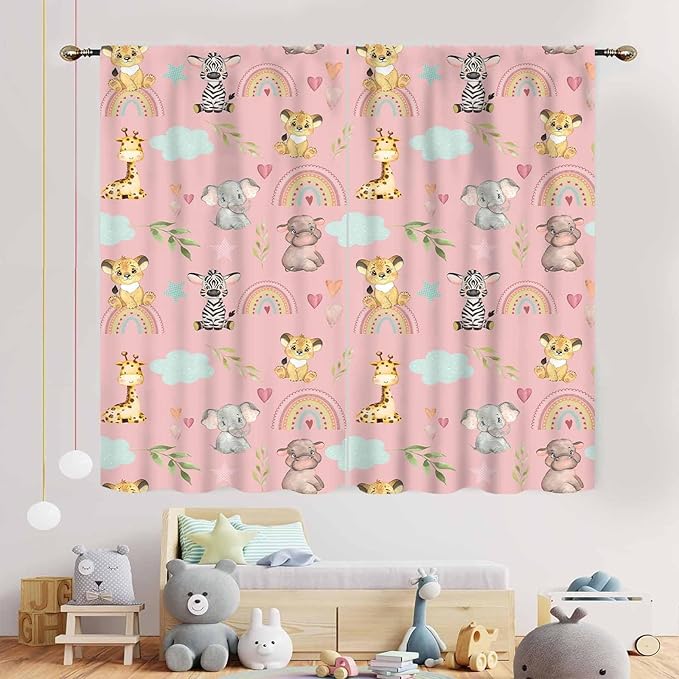 Kids Safari Animals Curtains, Cartoon Giraffe Elephant Monkey Woodland Jungle Pink Window Drapery Treatments for Boys Girls Baby Living Room Bedroom Nursery Classroom 2 Panels, 84"x63" Inch