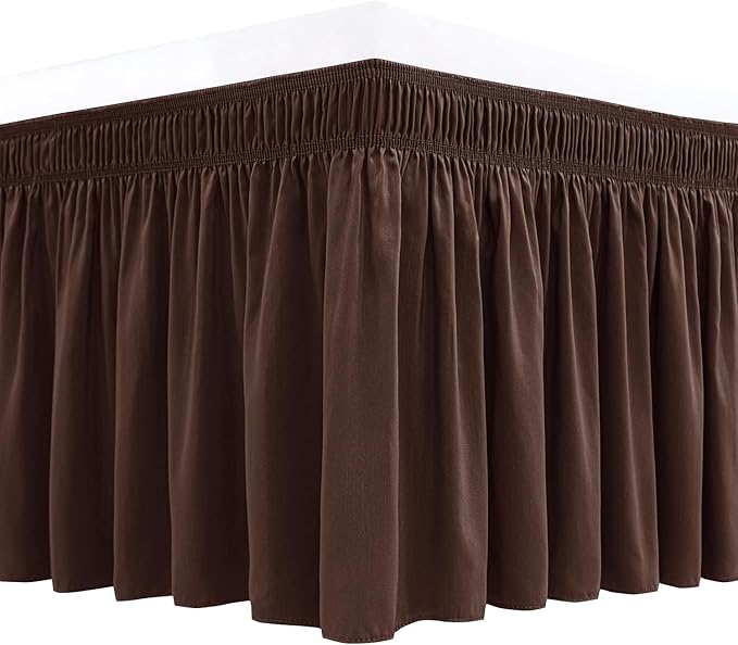 Biscaynebay Wrap Around Bed Skirts for King & Cal King Beds 22" Long Drop, Brown Adjustable Elastic Dust Ruffles Easy Fit Wrinkle Resistant Silky Luxurious Fabric Machine Washable