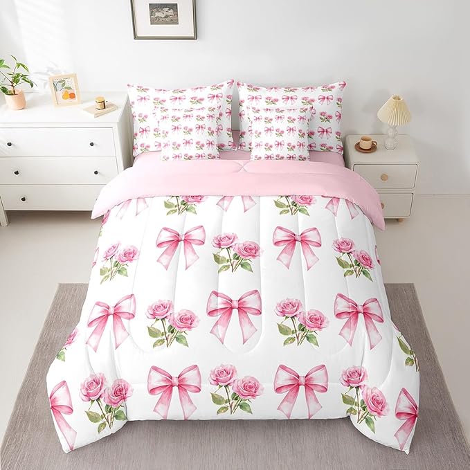 7 Pieces Pink Bowknot Kids Comforter Twin,Rose Flowers Valentine's Day Romantic Bedding Set,Pink Bow Tie Knot Princess Dreamy（Comforter+Fitted+Flat Sheet+2 Pillowcases+2 Throw Pillow Covers）