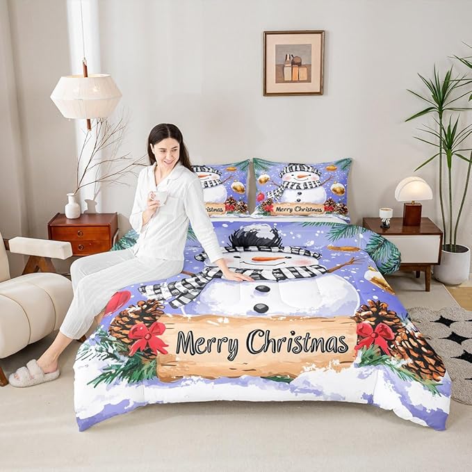 Feelyou Merry Christmas Comforter Set All Season Cute Snowman Bedding Set with 1 Pillow Cases Snowflake Microfiber Kids Twin Bedclothes Winter Bedroom Decor Duvet Quilt Breathable Soft Lightweight