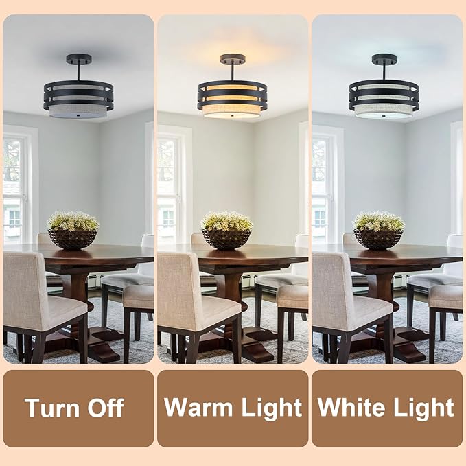 12.6” Drum Semi Flush Mount Ceiling Light Fixture 3-Light Black Fabric Ceiling Lights with Linen Shade, Farmhouse Close to Ceiling Lighting for Bedroom Hallway Kitchen Entryway Foyer Dining Room