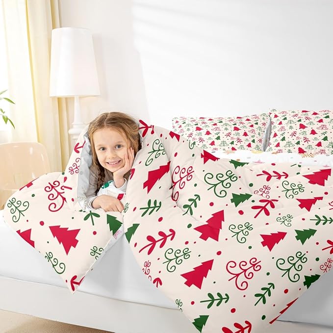 Castle Fairy Christmas Trees Comforter Set Twin Size,Red Green Pine Plant Hand Sketch Bedding Set for Kids Boys Men,Winter Xmas Natural Botanical Quilted Duvet Set with 1 Pillowcase