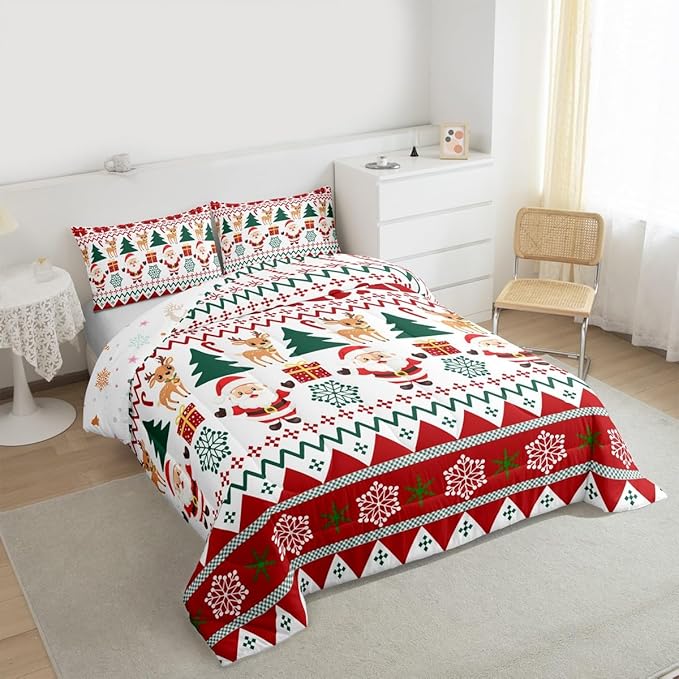 Feelyou Merry Christmas Comforter Set Twin Size Santa Claus Bedding Set for Kids Boys Girls Cute Deer Duvet Quilt Snowflake Bedroom Decor Microfiber 2 Pcs with 1 Pillow Cases
