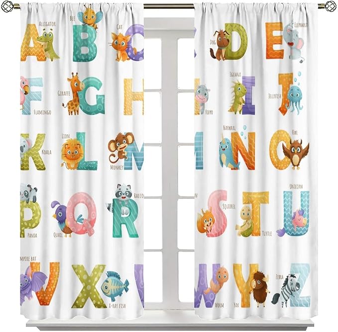 Kids Alphabet Curtains Educational Baby Cartoon Animals Colorful Cute Curtain with Rod Pocket for Nursery Living Room Home Decor Drapes Window Treatments 2 Panels Set 42x63in