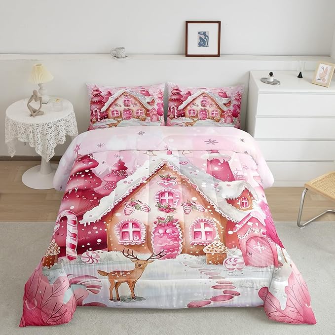 jejeloiu Kids Christmas Theme Comforter Set Full Size Pink Xmas Candy Cane House Bedding Set for Boys Girls Teens Cute Cartoon Deer Winter Animal Happy New Year Duvet Quilt Room Decor