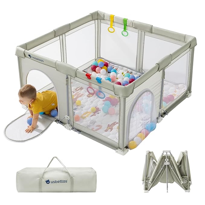 Foldable Baby Playpen,Portable Playpen for Babies and Toddler,50 * 50 Inch Kids Travel Play Pen with 4 Handlers,Carry Bag,Baby Play Yard for Indoor&Outdoor,Beige