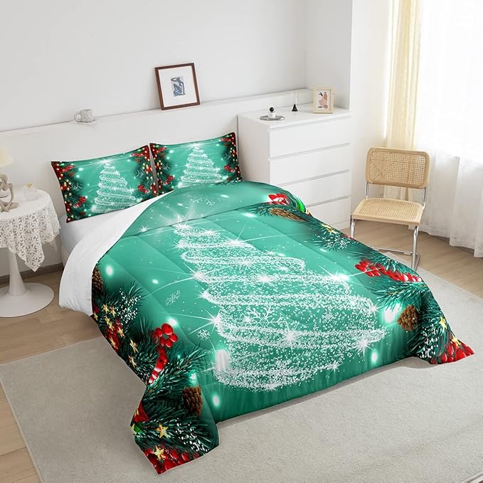 Feelyou Merry Christmas King Size Comforter Set Kids Santa Tree Glitter Bedding Comforter for Boys Girls Xmas Christmas Bell Decor,1 Comforter + 2 Pillow Cases
