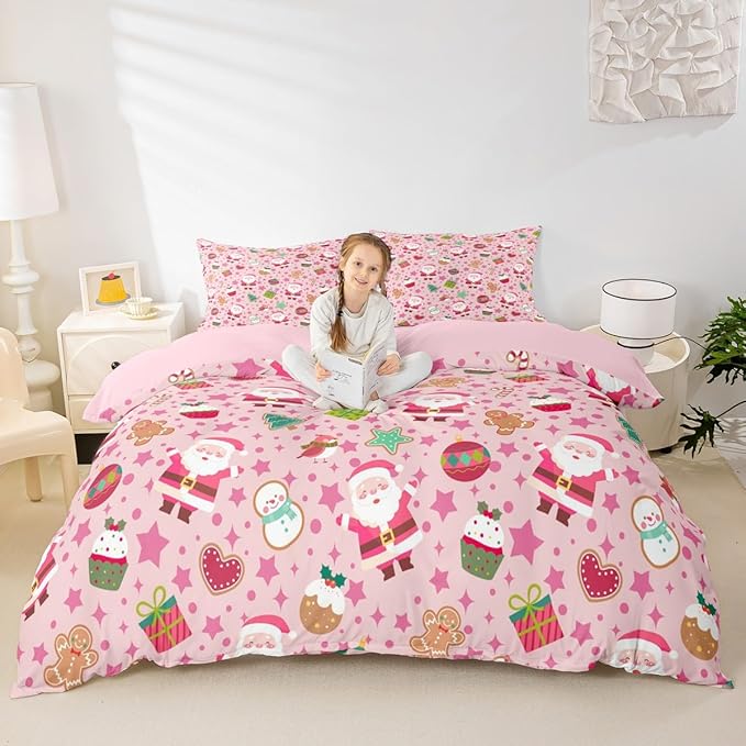 Feelyou Pink Christmas Duvet Cover Twin Size Cartoon Santa Claus Gingerbread Man Bedding Set for Boys Girls Snowman Xmas Decor Comforter Cover Reversible Pink Bedroom Decor 2Pcs