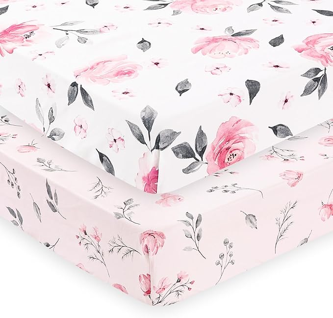 PHF Soft Crib Sheet Fitted, 2 Pack Baby Sheets for Girls, 28x52x9in Fits Standard Crib and Toddler Mattresses, Silky Comfy Breathable Polyester Baby Mattress Sheets, Pink Floral