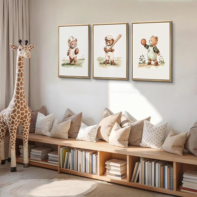 3Pcs Nursery Teddy Bear Canvas Wall Art Vintage Sports Bear Wall Decor Sports Boys'Room Artwork Prints Basketball Football Baseball Painting Pictures for Children's Room Boys' Room (12x16in poster)