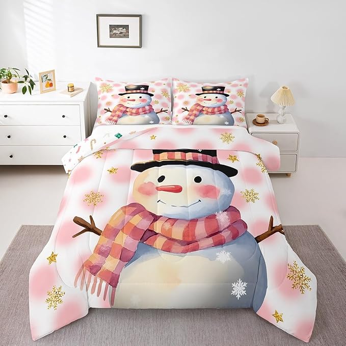 Feelyou Kids Merry Christmas Decorations King Size Comforter Set Xmas Snowman Bedding Set Pink Quilt Set Soft Warm Lightweight Duvet Set