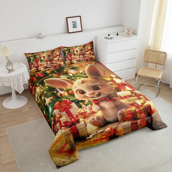 Cartoon Rabbit Bedding Set Full Size,Merry Christmas Comforter Set for Kids Boys Girls Room Decor,Christmas Tree Star Snowflake Duvet Insert 3Pcs,Cute Animal Xmas Fashion Quilt Set,2 Pillowcases
