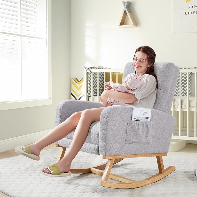 Rocking Chair Nursery with Foot Rest, Teddy Nursing Rocking Chairs for Mom Nursery, Rocker Glider Chair with Footrest for Living Room, Bedroom, Light Gray