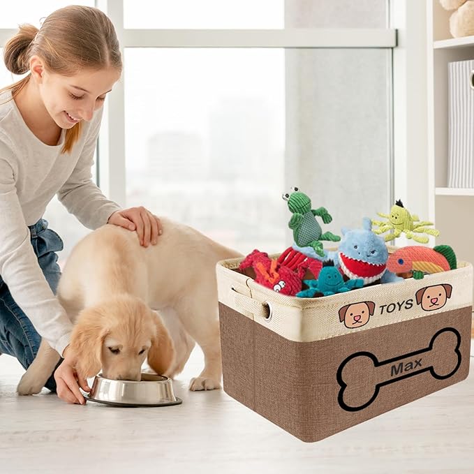 Personalized Dog Toy Basket - Custom Dog Toy Box with Pet's Name - Collapsible Cute Basket with Handles - Storage Organizer