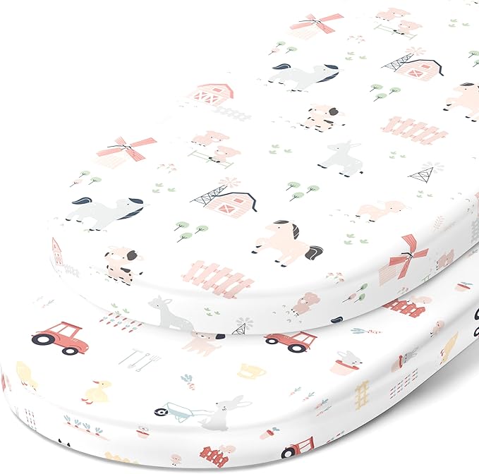 Bassinet Fitted Sheets for Fisher Price Bassinet Soothing Motions, Stow and Go, Rock with Me and Soothing View Bassinet – Snuggly Soft 100% Jersey Cotton – Farm Animals – 2 Pack