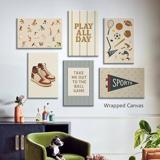 Sports Posters for Boys Bedroom, Boy Nursery Canvas Wall Art, Cute Animal Athletes & Sports Equipment Pictures, Charming Quotes Take Me Out To The Ball Game Play All Day Print 8x12in Unframed