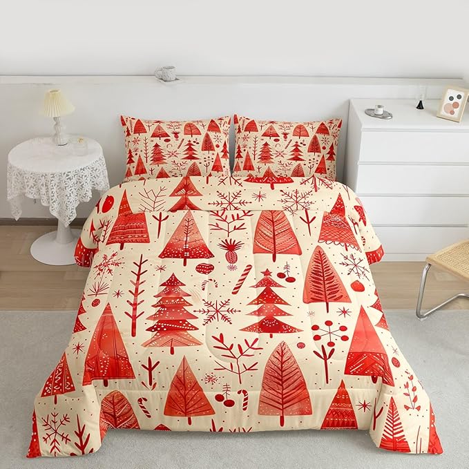 Feelyou Christmas Bedding Set Soft for Boys Girls, Xmas Tree Comforter Set Queen Size Snowflake Candy Duvet Quilt Microfiber Pine Tree Bedroom Decor 3 Pcs with 2 Pillow Cases