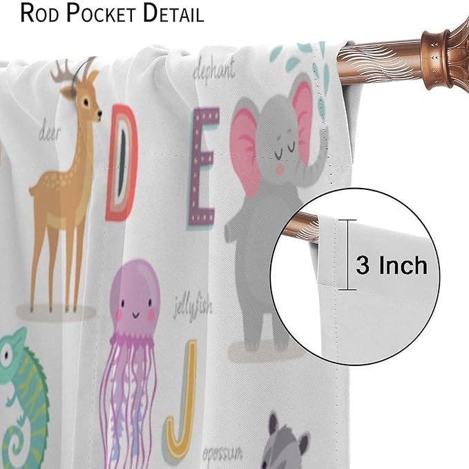 Kids Alphabet Curtains Cute Cartoon Animal Funny Educational Learning Curtain with Rod Pocket for Nursery Bedroom Playroom Home Decor Drapes Window Treatments 2 Panels Set 55" W X 63" L