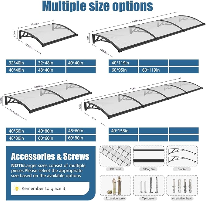40''*80'' Window and Door Exterior, UV/Rain/Snow/Sunlight Protection Sheet,UPF 50+ Polycarbonate Overhang Canopy,House Overdoor Awnings for Door Entrance Outside/Patio/Porch/Deck