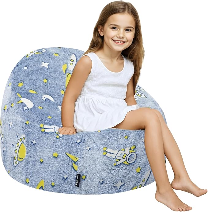 COMAX Bean Bag Chairs for Kids, Toddler BeanBag Sofa with Filler Bean Couch Stuffed for Boys and Girls, Lazy Floor Chair for Playroom, Nursery Room, Blue Space