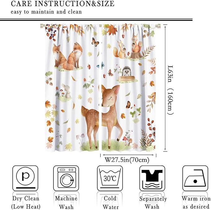 Fall Animails Curtains for Kids, Rustic Cute Woodland Wild Animal Window Treatments Watercolor Autumn Leaves Cartoon Fox Deer Window Drapes for Nursery Toddler Bedroom 55x63in