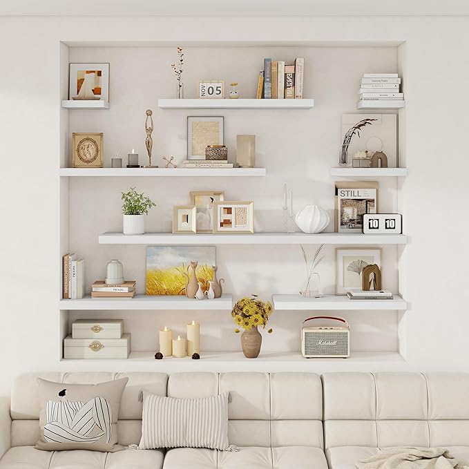 Fun Memories 24 x 12 Inch Deep Floating Shelves, 12 Inch Deep Rustic Wooden Book Shelf, Extra Deeper & Thicker Hanging Shelves for Living Room, Bathroom, Bedroom, Kitchen, Office, Set of 3 (White)