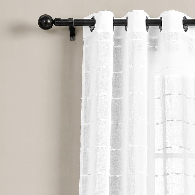 Lush Decor Farmhouse Textured Grommet Sheer Window Curtain Panel Pair, 38"W x 120"L, Bleach White