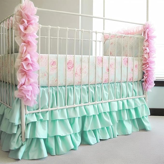 Ruffled Crib Bed Skirt: 3 Tiered Ruffled Crib Skirt Baby Girl Nursery Toddler Bedding Dust Ruffle, 17.7" Deep Drop- Fits Standard Cribs,28"x 52" (Green)