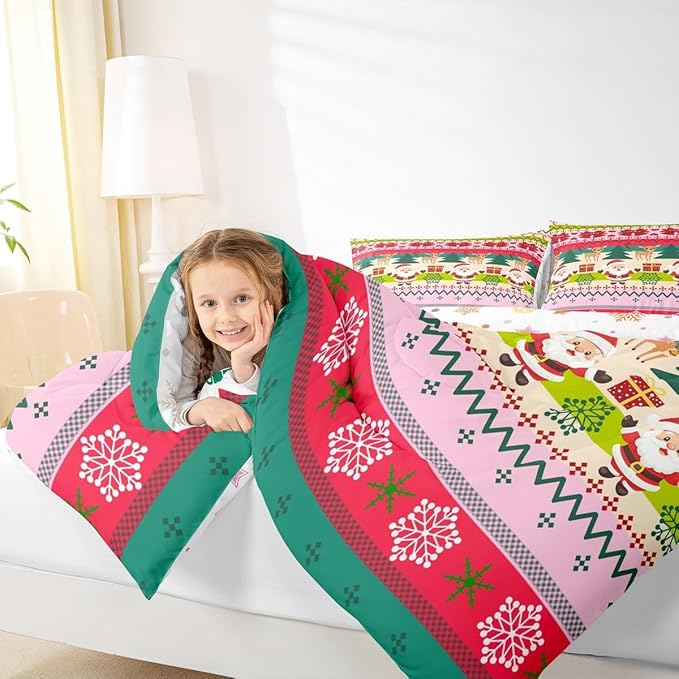 Feelyou Merry Christmas Comforter Set Toddler Size Santa Claus Bedding Set for Kids Boys Girls Cute Deer Duvet Quilt Snowflake Bedroom Decor Microfiber 2 Pcs with 1 Pillow Cases