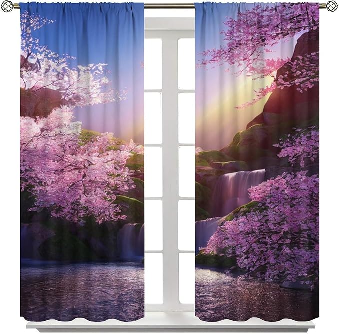 Landscape Waterfall Blackout Curtains, Watercolor Blossom Cherry Flower Forest Pattern Rod Pocket Window Drapes, for Bedroom Living Room 63" W X 63" L