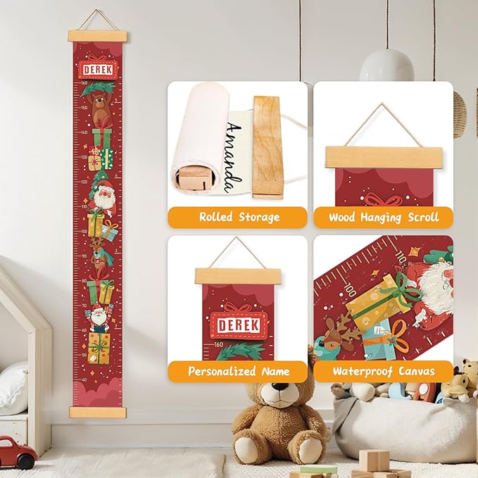 Personalized Name Child Height Wall Chart, Baby Height Growth Chart Wall, Height Chart for Wall Room Wall Decor（Santa Claus Gifts）