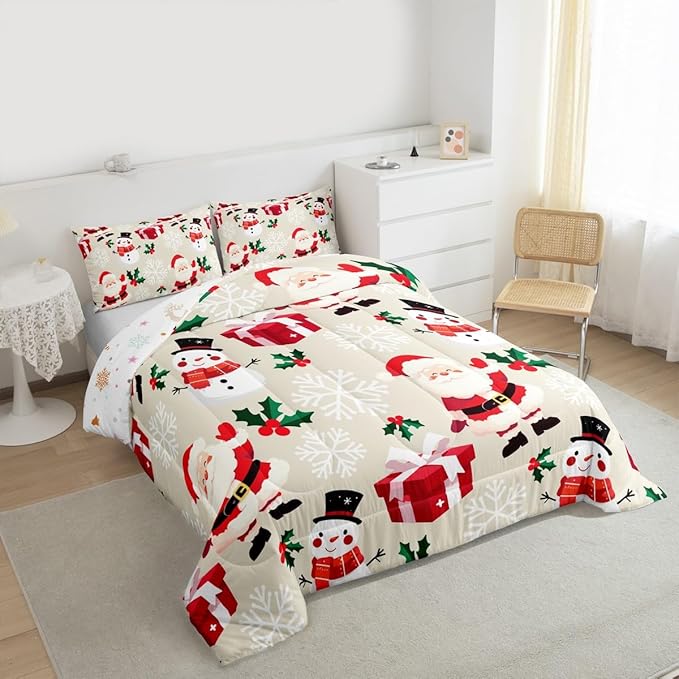 jejeloiu Merry Christmas Comforter Set Full Size Xmas Santa Claus Bedding Set for Kids Boys Girls Cute Snowman Duvet Quilt Beige Bedroom Decor
