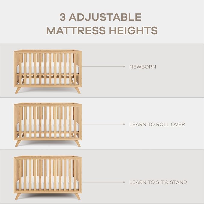 Comfy Cubs Baby Crib for 0 to 3 Years - Adjustable Mattress Height, Natural Wooden Crib for Baby, Elegant Nursery Furniture, Designed in The US - 80 lbs Capacity Nursery Bed - Natural Wood