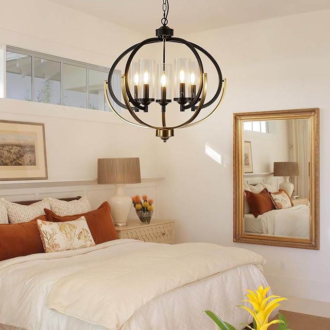 WJShome 5-Light Black and Gold Chandelier, 24" Farmhouse Dining Room Light Fixture, Adjustable Hanging Ceiling Lantern Pendant Light, with Glass Shade Globe Chandeliers, for Kitchen, Bedroom, Foyer