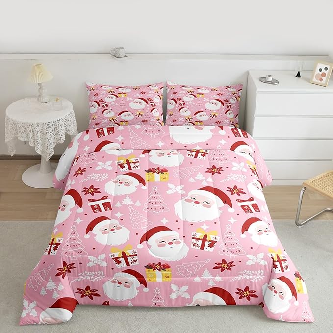 jejeloiu Santa Claus Comforter Set Twin Size Merry Christmas Bedding Set for Kids Boys Girls Xmas Themed Duvet Quilt Pink Bedroom Decor