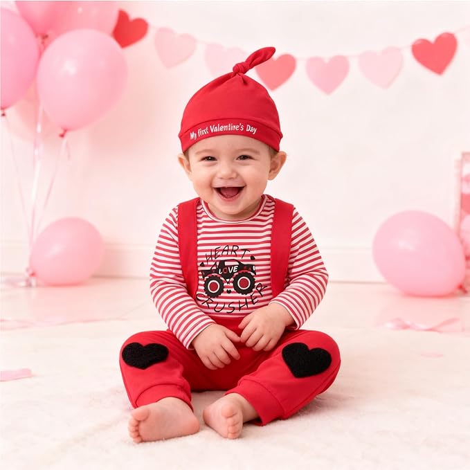 Newborn Infant Baby Boy Valentines Outfit Heart Crusher Long Sleeve Striped Romper + Red Suspender Pants + Hat 3Pcs
