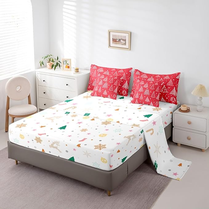 Feelyou Merry Christmas Bed Set Xmas Tree Cute Comforter Set with Sheets Red Chic Bed in a Bag Kawaii Stars Cartoon Bedding Set Bedroom Collection Twin Size