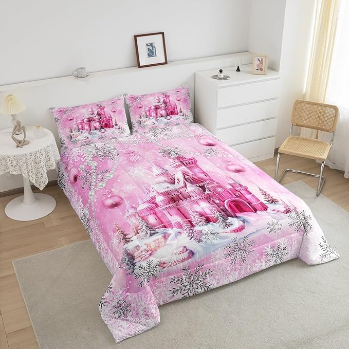 Pink Castle Full Size Comforter Set,Cartoon Fairy Tale Theme Watercolor Bedding Comforters Bedroom Collection,Christmas Winter Silver Snowflakes Bedding Set for Girls Teens