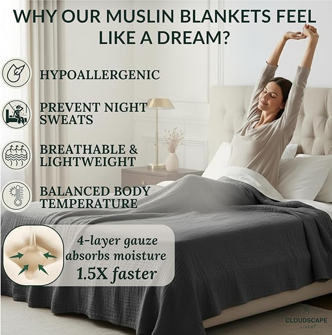 Cloud Scape Linen Oversized 4 Layer Muslin Blanket Twin Size - 100% Cotton, Lightweight & Breathable All Season Gauze, Pre-Washed, for Bed, Couch, fits Twin XL Bed,68x92, Dark Grey