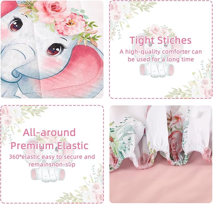 Toddler Bedding Set for Girls, Kids Comforter Set Pink Reversible, Ultra Soft & Lightweight Crid Bedding Set Includes Comforter, Flat Sheet, Fitted Sheet, Pillowcase (Elephant)