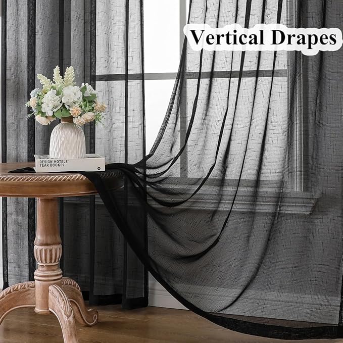 Black Linen Look Pinch Pleated Sheer Curtains 108 Inches Long 2 Panels, 50 Inches Width, Rustic Textured Light Filtering Drapes, Dark Moody Floor to Ceiling Window Curtain with Hooks