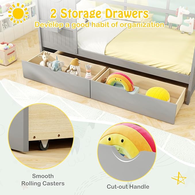 KOMFOTT Twin Size Wood House Bed with 2 Drawers, Wooden Bed Frame with Cube Storage & Fence Rails, Wooden Platform Twin Bed Frame with House-Shaped Roof for Bedroom, No Box Spring Needed (Grey)