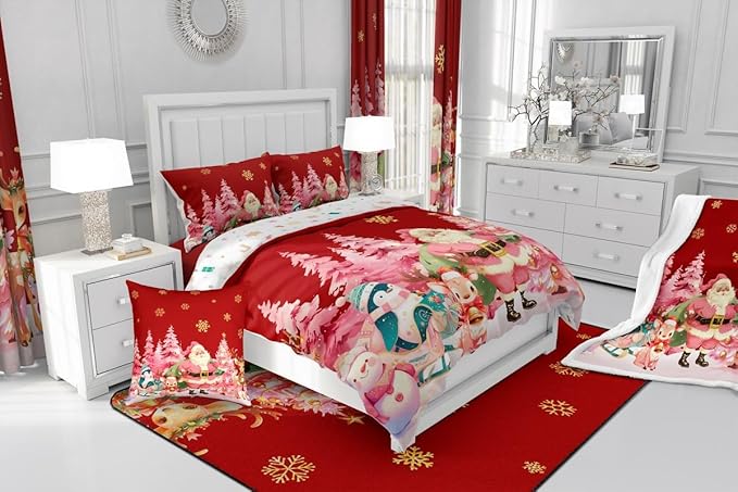 jejeloiu Merry Christmas Comforter Set Toddler Size Santa Claus Bedding Set for Kids Boys Girls Cute Deer Duvet Quilt Red Bedroom Decor