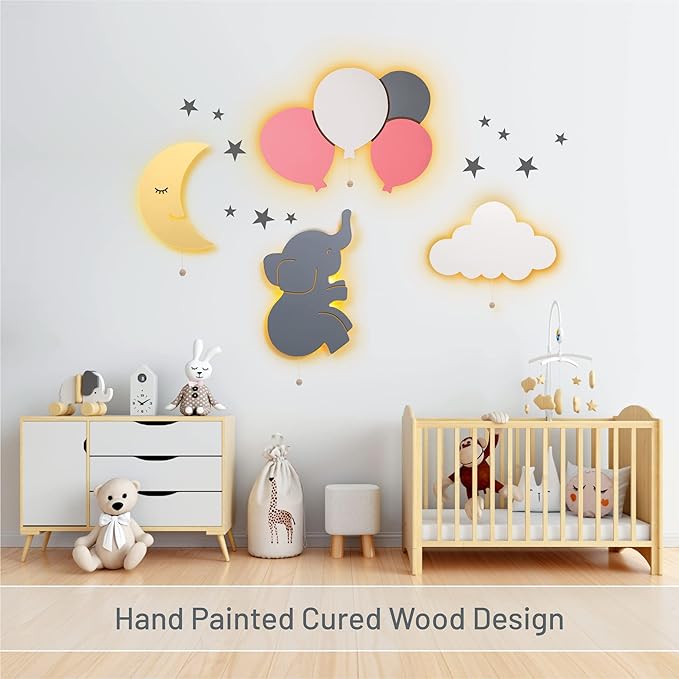 Lumipets Lighted Elephant, Nursery Night Light, Wall Mounted Lighted, Battery Operated Cloud Light Sign–Lightweight Crescent Cloud Night Light for Babies, Toddlers, Kids