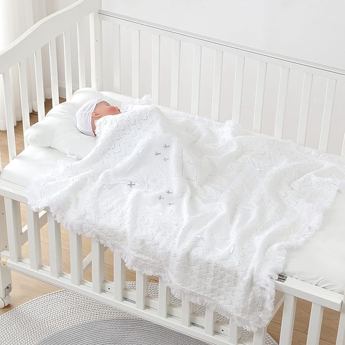 Booulfi Baby Christening Blanket Newborn White Baby Blanket Shawl Neutral Knitted Baptism Blankets for Babies Fleece Lined Winter Warm Blankets,Size 37x39 “