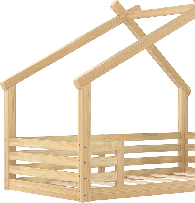 Polibi Twin Size House Floor Bed with Window and a Small Shelf, Solid Wood Low Profile Floor Bed for Kids, No Box Spring Needed, Natural