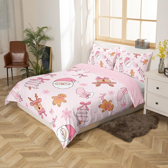 Feelyou Kids Pink Christmas Bedding Set King Size Merry Christmas Snowman Duvet Cover for Boys Girls Teens Bedroom Decor Santa Claus Comforter Cover Soft Microfiber Xmas Tree Deer with 2 Pillow Case
