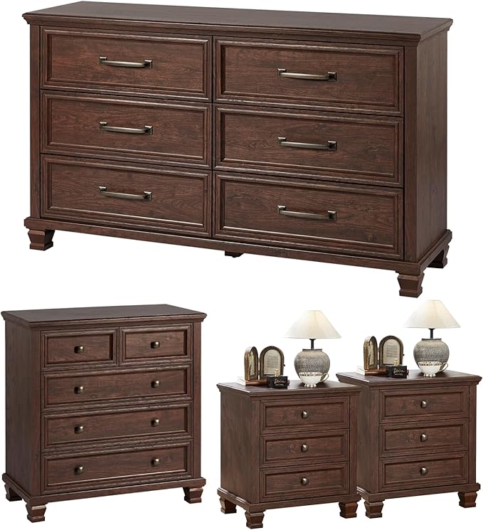 Farmhouse Bedroom Dresser and Nightstand Set of 4, 6 Drawer Low & 5 Drawers Dresser & 3 Drawer Nightstand Set with Wooden Legs, Rustic Wood Furniture for Bedroom, Hallway, Walnut